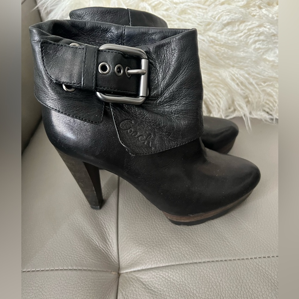 EUC Coach Black Leather Platform Buckle High Heel Moto Bootie Boots Shoe sz 7